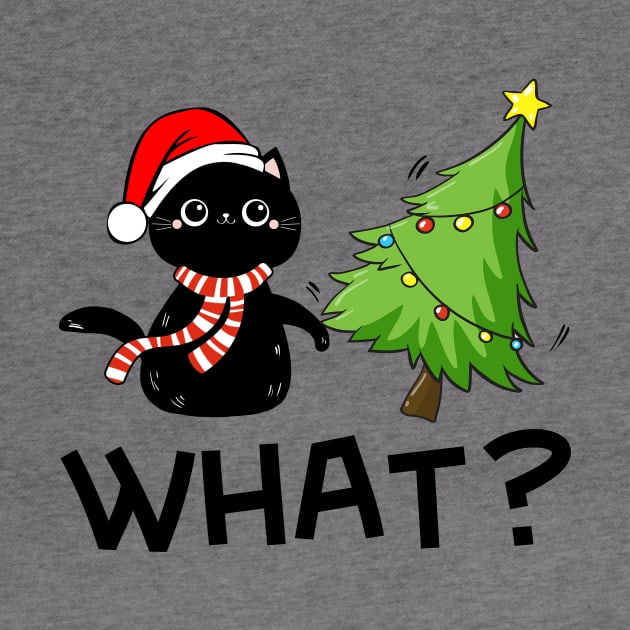 Funny Black Cat Wearing Santa Hat Pushing Christmas Tree Over Cat What? by mittievance